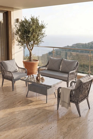 Tulipa Serisi 1.Sınıf 2+1+1 Gri Rattan Gri Minder Bahçe Balkon Oturma Koltuk Takımı ürün görseli 1
