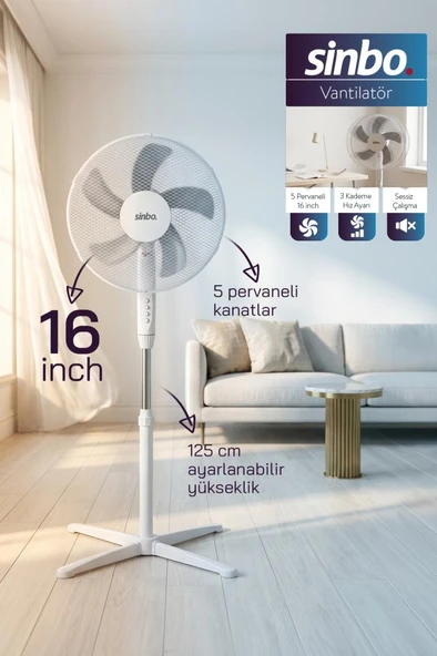 Sinbo SF-7704 Ayaklı Vantilatör 16 İnç 35W Sessiz Fan 3 Kademeli Yükseklik Ayarlı Ev Tipi ürün görseli 1