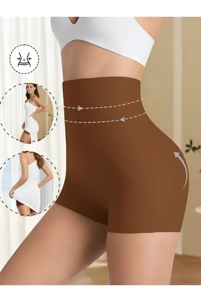 MİSTİRİK Gretola Model Lazer Kesim İz Göstermeyen Yüksek Bel Toparlayıcı Kısa Boxer Kahve Renk ürün görseli 1