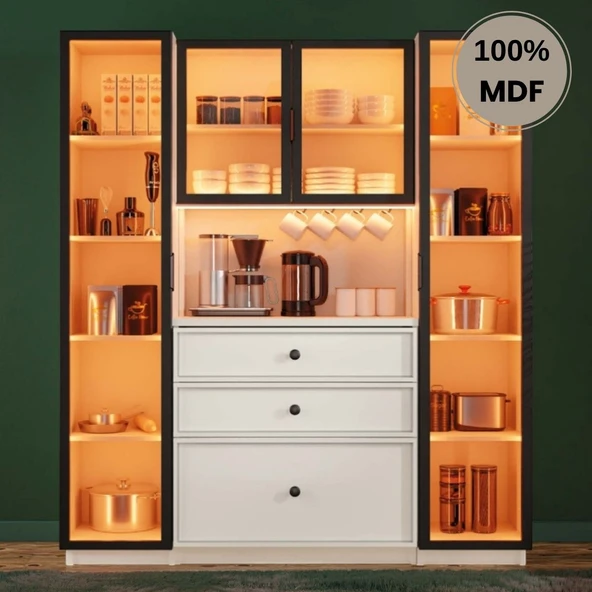 Comiet Zambak Mdf Kahve Köşesi Dolabı 4 kapak Çekmeceli Işıklı ürün görseli 1