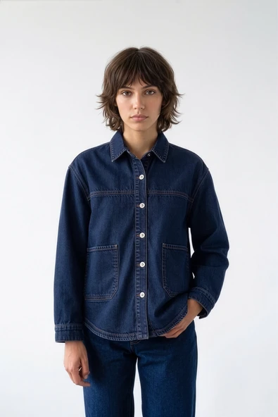 Kadın Gömlek Yaka Oversize Koyu Mavi Jean Ceket ürün görseli 1