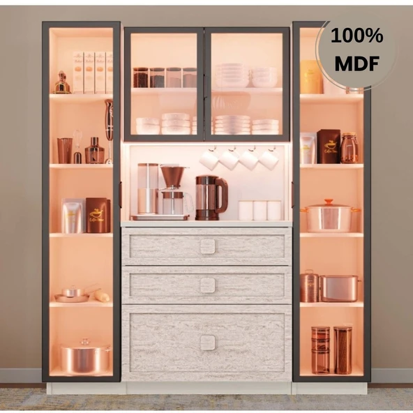 Comiet Nilüfer Mdf Kahve Köşesi Dolabı 4 kapak  Çekmeceli Işıklı ürün görseli 1