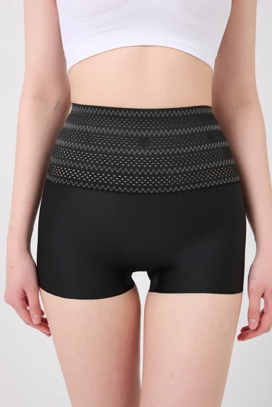 MİSTİRİK Lerici Model Yüksek Bel Beli Desenli Karın Ve Göbek Toparlayıcı Boxer Korse Siyah Renk ürün görseli 1