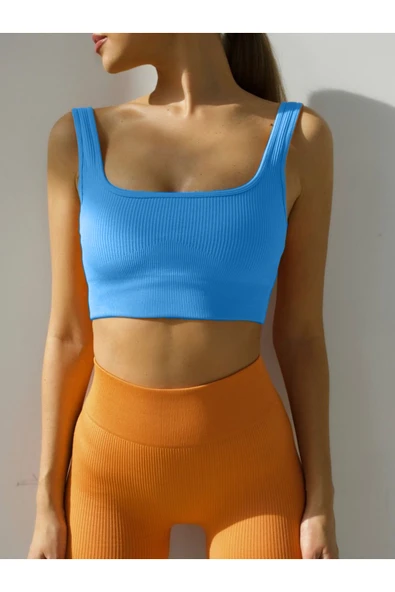 MİSTİRİK Parina Model Göğüs Detalı Büstiyer Süper Crop Top Kalın Askılı Crop Buzmavi Renk ürün görseli 1