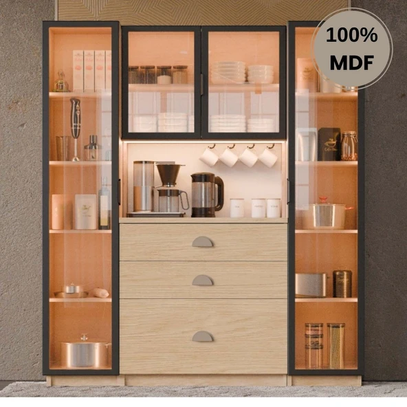 Comiet Ladin Mdf Kahve Köşesi Dolabı 4 kapak Çekmeceli Işıklı ürün görseli 1