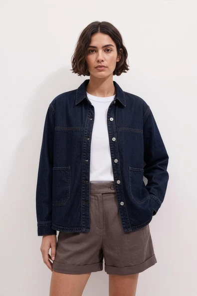 Kadın Gömlek Yaka Oversize Lacivert Jean Ceket ürün görseli 1