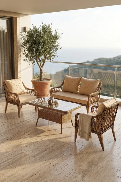 Tulipa Serisi 1.Sınıf 2+1+1 Cappucino Rattan, Cappucino Minder Bahçe Balkon Oturma Koltuk Takımı ürün görseli 1