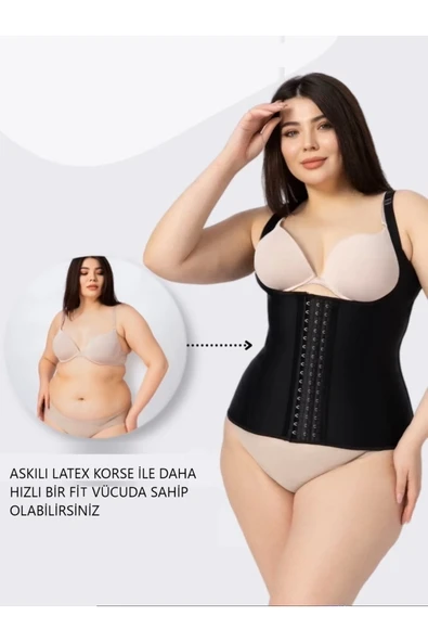 MİSTİRİK Trigoso Model 4 Aşamalı Kancalı Bel İnceltme Etkili Balenli Askılı Latex Siyah Korse ürün görseli 1