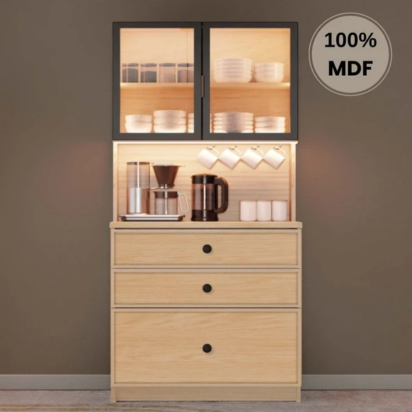 Comiet Meşe Mdf Kahve Köşesi Dolabı Çekmeceli Işıklı ürün görseli 1