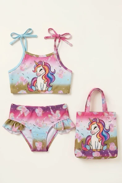 Kız Çocuk Çantalı 3'lü Mayo Takımı (Çanta+Mayo+Bikini) 3-10 Yaş 12649N ürün görseli 1