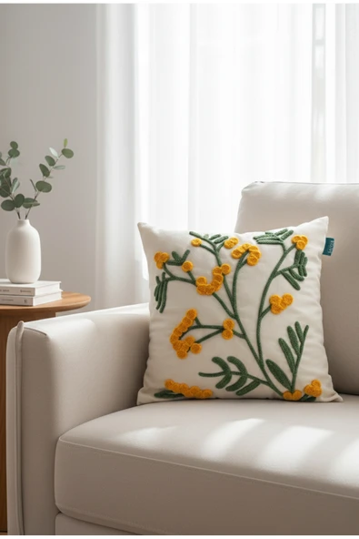 Rolivs Sarı Çiçekli Kır Dalı Dekoratif Kırlent 47x47 cm Fermuarlı Yıkanabilir (NK2607) ürün görseli 1