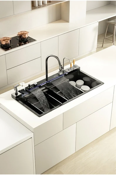 Lüx Dijital Akıllı Eviye Seti Premium Black Akıllı Mutfak Evyesi- 100x46 cm Çok Fonksiyonlu ürün görseli 1