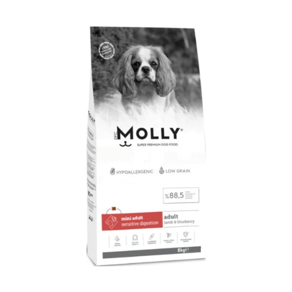 Molly Hipoalerjenik Düşük Tahıllı Kuzulu ve Yaban Mersinli Küçük Irk Yetişkin Köpek Maması 8 Kg ürün görseli 1