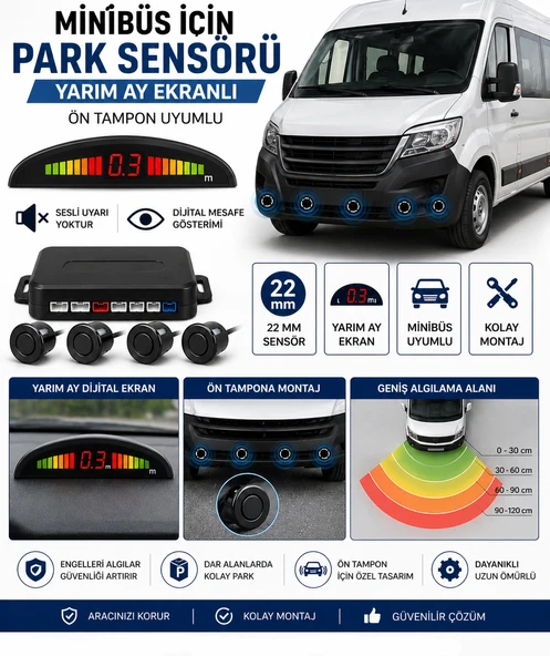 Mega Oto Market Minibüs Uyumlu 22mm Park Sensörü Yarım Ay Dijital Ekranlı Ses İkazlı Mesafe Göstergeli Sistem ürün görseli 1