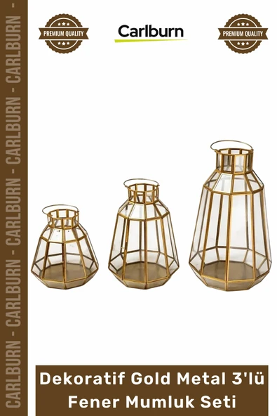Özel Üretim Şık Estetik Geometrik Lüks Modern Salon Antre Dekoratif Gold Metal 3'lü Fener Mumluk Set ürün görseli 1