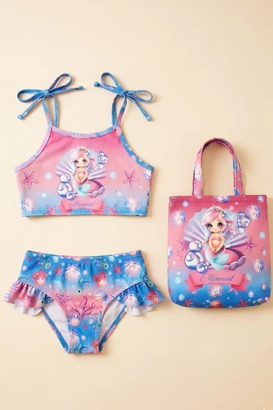 Kız Çocuk Çantalı 3'lü Mayo Takımı (Çanta+Mayo+Bikini) 3-10 Yaş 12648N ürün görseli 1