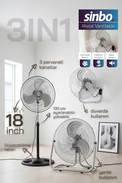 Sinbo SF-6790 Vantilatör 18 İnç 90W 3’ü 1 Arada Ayaklı Duvar Tipi Güçlü Fan ürün görseli 1
