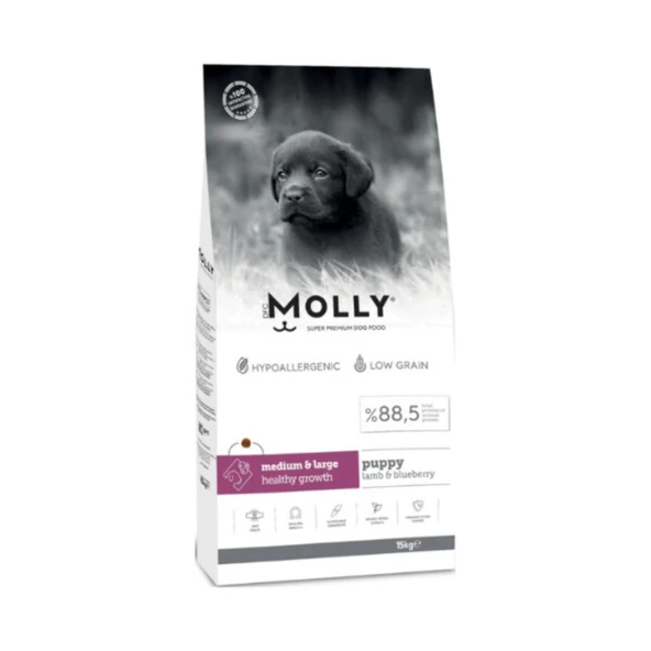 Molly Hipoalerjenik Düşük Tahıllı Kuzulu Yaban Mersinli Orta ve Büyük Irk Yavru Köpek Maması 15 Kg ürün görseli 1
