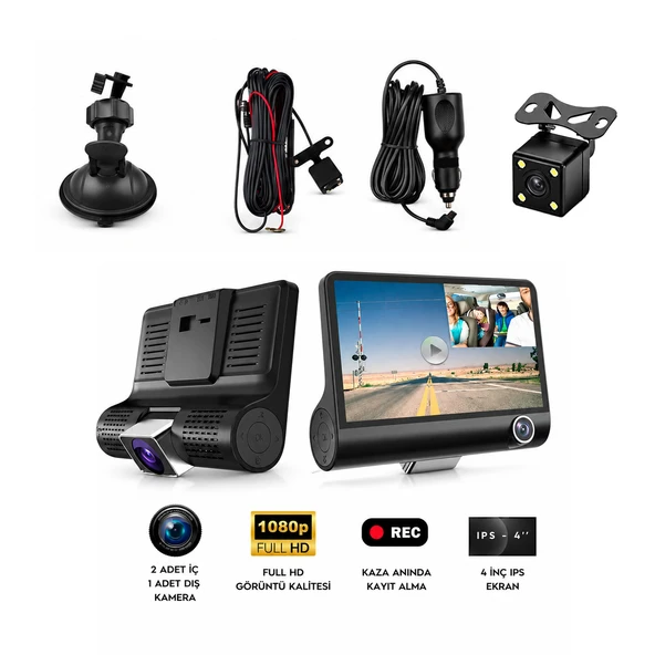 Mega Oto Market Araç İçi 3 Kameralı Araç Kamerası 140° Geniş Açı 1080P Full HD Gece Görüşlü Yol Kayıt Sistemi ürün görseli 1