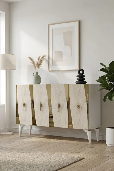 KA1213BTG ELİPS Konsol ve Tv Sehpası Beyaz-Traverten-Gold 120cm ürün görseli 1