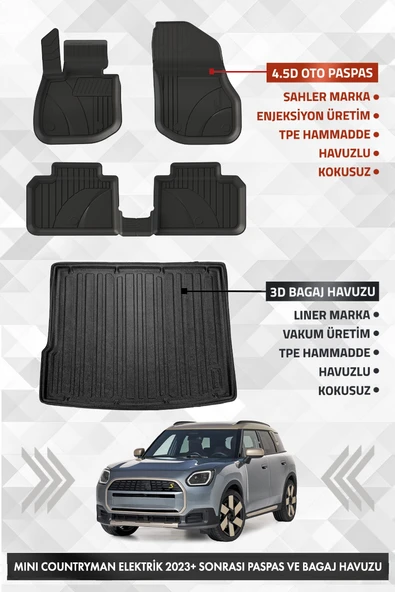 Mini Countryman 2024 ve Sonrası Uyumlu 4.5D PRO Premium Havuzlu Oto Paspas ve LINER Bagaj Havuzu Set ürün görseli 1