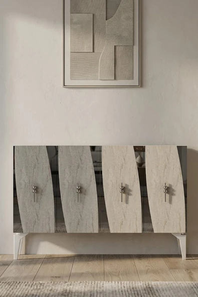 KA1213BTS ELİPS Konsol ve Tv Sehpası Beyaz-Traverten-Silver 120cm ürün görseli 1