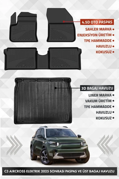 Citroen C3 Aircross Elektrikli 2025 Sonrası Uyumlu 4.5D Premium Havuzlu Paspas ve Liner ÜST Bagaj ürün görseli 1
