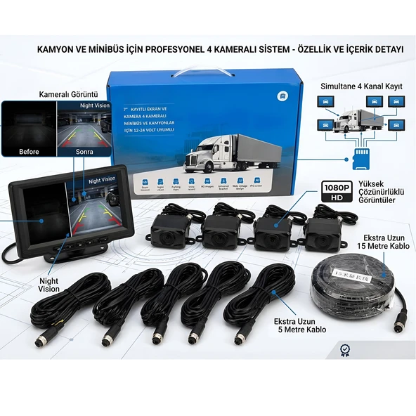 Mega Oto Market 4 Kameralı 7" Ekranlı Araç Kayıt Sistemi – Minibüs & Kamyon Uyumlu 12-24V HD Ekran ürün görseli 1
