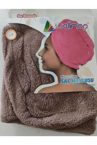 Wellmop Mikrofiber Düğmeli Saç Havlusu Kahverengi ürün görseli 1