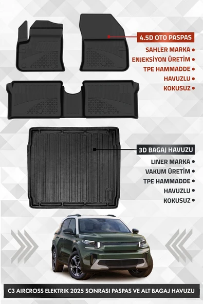Citroen C3 Aircross Elektrikli 2025 Sonrası Uyumlu 4.5D Premium Havuzlu Paspas ve Liner ALT Bagaj ürün görseli 1