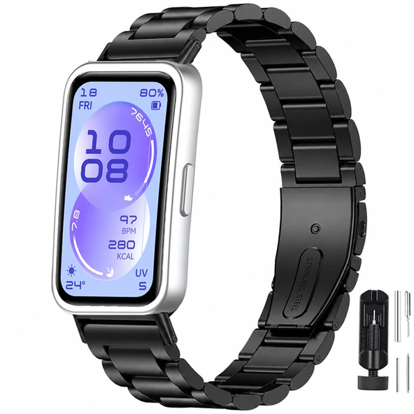 Huawei Band 11 / 11 Pro Uyumlu Kordon Paslanmaz Döküm Çelik Metal Baklalı Kordon  Siyah ürün görseli 1