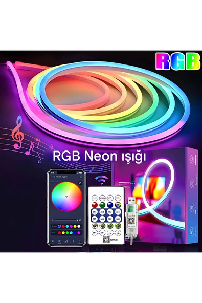 ROHS ROHS 5V RGB Neon Şerit Led Lamba -5M- Telefon ve Kumanda ile Kontrol Sınırsız Renk Tak Çalıştır ürün görseli 1