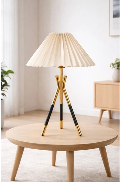 burenze Monako Modern Tasarım Krem Kumaş Umbrella Pileli Başlıklı Abajur Gold Sarı Siyah Detay Masa Lambası ürün görseli 1