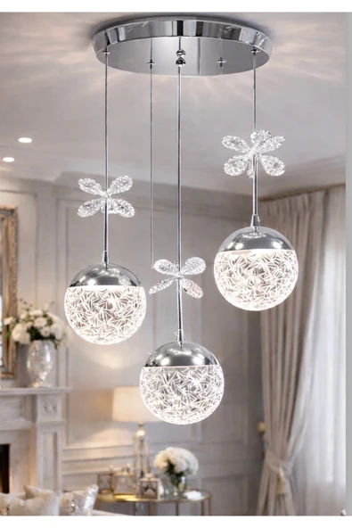 burenze Bruce Luxury Led Avize Üçlü Sarkıt Salon Avizesi Parlak Krom Kaplama Gün Işığı Power Led ürün görseli 1