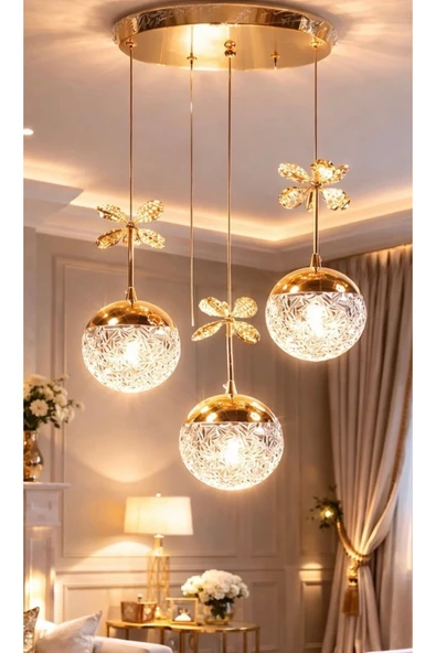 Mon Chevalon Jackson Sarkıt Avize Gold Kaplama Gün Işığı Power Ledli Avize 3 lü Sarkıt Salon Avizesi ürün görseli 1