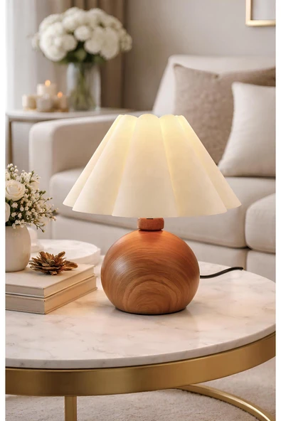 burenze Modern Fico Trend Ekru Başlıklı Abajur Koyu Ahşap Abajur Detaylı Masa Lambası ürün görseli 1