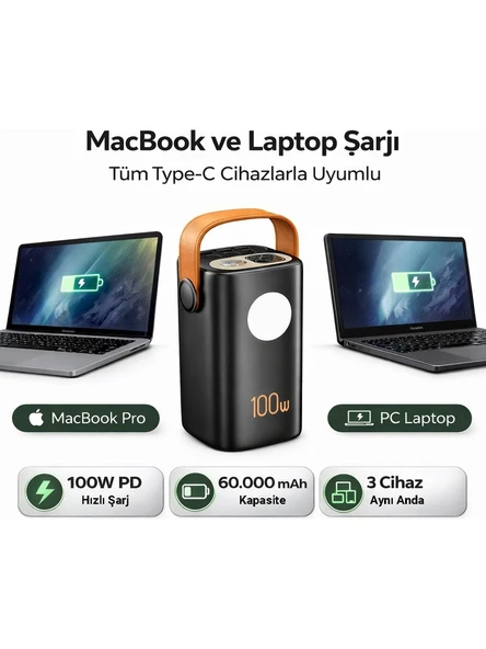Cepini CP-06 60.000mAh PD 100w Hızlı Şarj Destekli Powerbank Dahili 4 Kablolu ve LED Aydınlatmalı Siyah ürün görseli 1