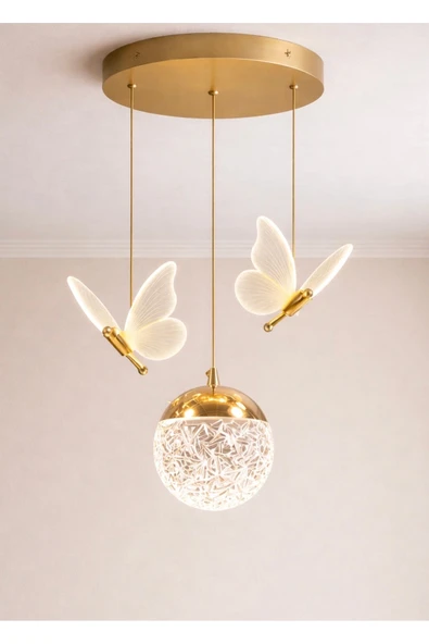 Buiva Jolin Avize Gold Sarı Power Led Sarkıt Salon Avize Gün Işığı Işık Kelebek ve Küre ürün görseli 1