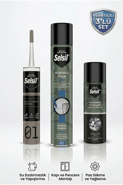 Selsil 3’Lü Ev Tadilat Seti - Şeffaf Silikon 280Gr + Pas Sökücü 200Ml + Montaj Köpüğü 600G ürün görseli 1