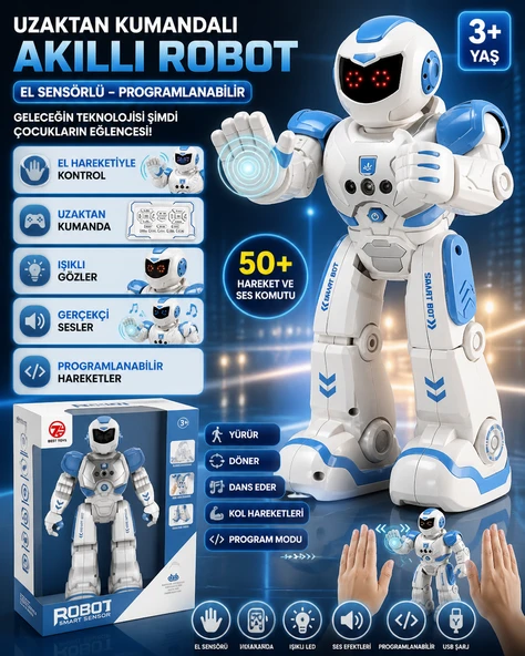 Uzaktan Kumandalı Akıllı Robot El Sensörlü Programlanabilir Işıklı Sesli Robot Oyuncak ürün görseli 1