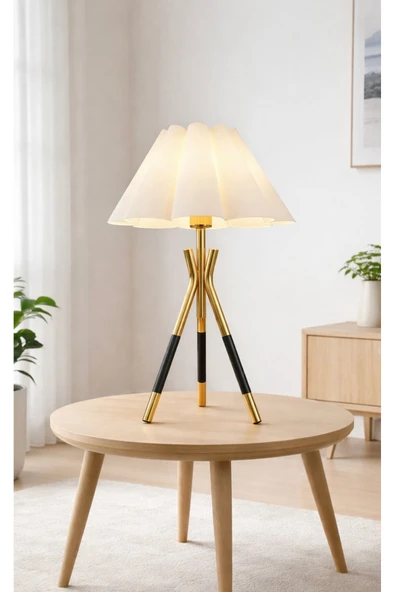 burenze Monako Modern Tasarım Fico Krem Kumaş Başlıklı Abajur Gold Sarı Siyah Detaylı Masa Lambası ürün görseli 1