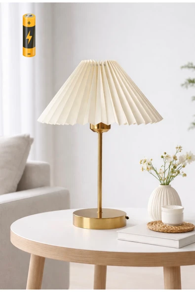 burenze Umbrella Kablosuz Pilli Abajur Ekru Şapka Aç Kapa Butonlu Ledli Pilli Masa Lambası Eskitme Gold ürün görseli 1