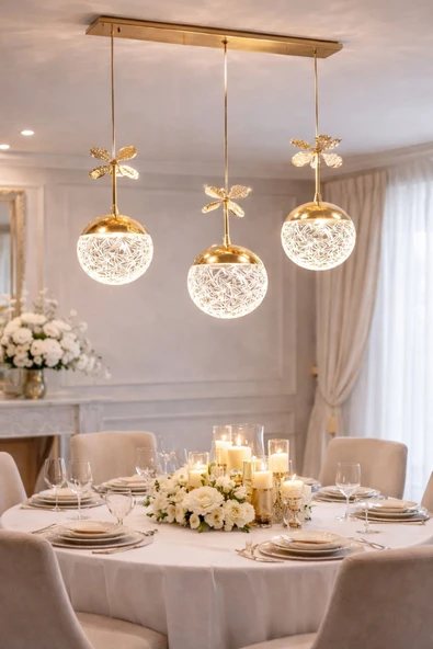 burenze Bruce Luxury Üçlü Sarkıt Led Avize Sıralı Salon Avizesi Parlak Gold Sarı Kaplama Gün Işığı Power Led ürün görseli 1