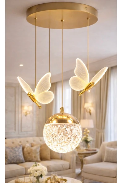 Mon Chevalon Molla Sarkıt Salon Avize Power Led Avize Kelebek ve Küre Detaylı Gün Işığı Işık ürün görseli 1