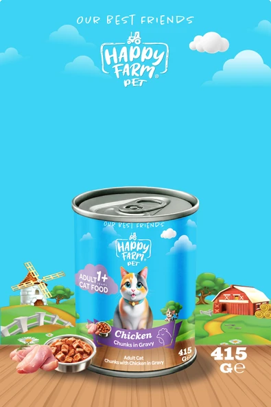 Happy Farm Yaş Kedi Maması Tavuklu 415 Gr 12 Adet ürün görseli 1