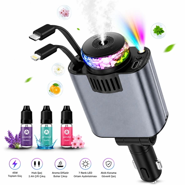 UltrateKno C7 Araç Şarj Cihazı 5in1 45W Hızlı Şarj Oto Parfüm Difüzör Type-C & Lightning Makaralı Kablo RGB Yıldız Işığı Araç İçi Nemlendirici ürün görseli 1