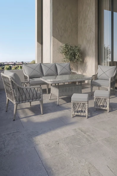 Tulipa Serisi 1.Sınıf 3+1+1+2 Puf Gri Rattan, Gri Minder Bahçe Balkon Oturma Koltuk Takımı ürün görseli 1
