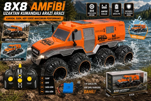 8x8 Amfibi Uzaktan Kumandalı Arazi Aracı Su Üstünde Giden 4x4 Güçlü Off-Road RC Kamyon ürün görseli 1