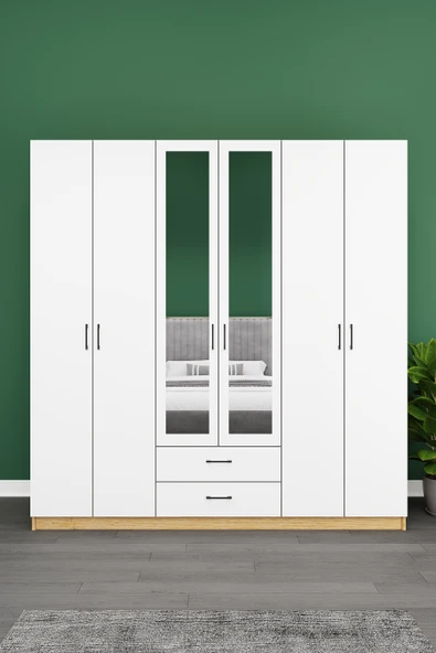 Lüks 6 Kapaklı Çekmeceli Gardırop %100 MDF Askılı Aynalı Düzenleyici Elbise Dolabı G-05 ürün görseli 1