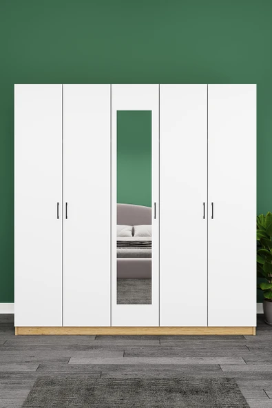 Lüks 5 Kapaklı Çekmeceli Gardırop %100 MDF Askılı Aynalı Düzenleyici Elbise Dolabı G-04 ürün görseli 1